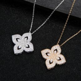 New Women Clover Necklaces Iced Out Pendants Link Chain Jewellery Gold Silver Fashion Cubic Zirconia Rhinestone Four Leaf Flower Pen276S
