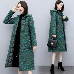 Women's Trench Coats Medium Length Cotton Coat 2023 Winter Loose Floral Retro Middle-Aged Mother Quilted Jacket Warm Casual Hooded Parka