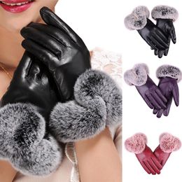 Five Fingers Glove Winter Faux Rabbit PU Leather Touch Screen Mittens Lady Female Outdoor Driving Warm 230919