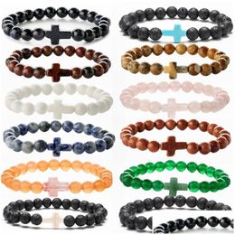 Chain 8Mm Natural Stone Turquoise Bracelet Beads Lava Agate Cross Charm Bracelets For Men Women Jewellery Drop Delivery Dhf0H