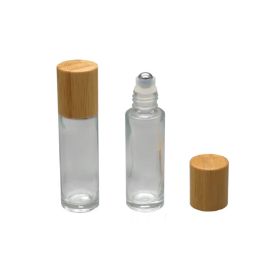 wholesale Empty Eye Cream Roll on Massage Refillable Bottle Steel Roller Bamboo Wooden Lid 15ml 10ml Cosmetic Packaging Round Clear Glass LL
