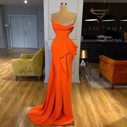 Evening Orange Satin Dresses 2021 Crystals Pleated Long Formal Prom Gowns Mermaid Sweep Train tail Party Dress2733
