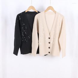 Women's Knits 2023 Autumn And Winter Women V-neck Sequin Diamond Pattern Solid Colour Long-Sleeved Cardigan Warm Sweater