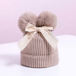 Caps Hats Baby Stuff Double Pompom Hat Winter Knitted Kids Baby Girl Hat Warm Thicker Children Infant Beanie Cap Bonnet Casquette Enfant 230919