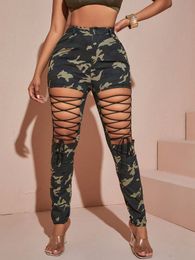 Women's Pants s 2023 Trendy Women Personality Rave Stretch Camo Print Lace Up Front Cut Out Long Skinny Streetwear Mujer 230919