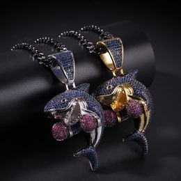 New Design Boxing Shark Pendant Full of Zircon Personality Rapper Necklace Hip Hop Men Jewellery Gift Beaded Charms Necklaces243h