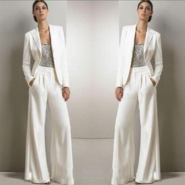 New Bling Sequins Ivory White Pants Suits Mother Of The Bride Dresses Formal Chiffon Tuxedos Women Party Wear Fashion Modest302W