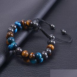 Chain 10Mm Blue Tiger Eye Stone Bracelet Double Layer Beaded Braided Adjustable Hematite Magnet Bracelets Wristband Cuff For Men Jewel Dhazx