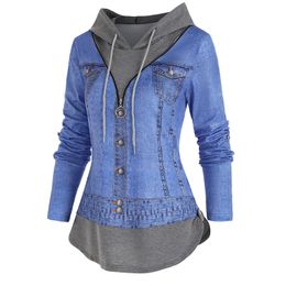 Women's T Shirt Casual Denim Jacket 3D Print O Ring Zipper Hooded Faux Twinset T Shirt Women False Two Piece Long Sleeve Tee 230919