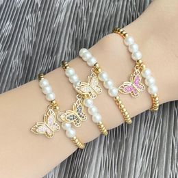 Charm Bracelets FLOLA Gold Plated Beads White Pearl For Women Copper CZ Crystal Butterfly Dainty Jewellery Party Gifts Brth31