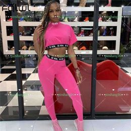 FQLWL Letter Print 2 Piece Set Women Sport wear Summer Pink Outfits Crop Top Leggings Women Matching Set Ladies Tracksuit Female Y0827