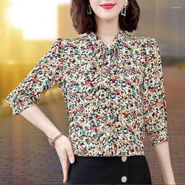 Women's Blouses Women Bow Lace Up Floral Print Chic Elegant Shirt 2023 Summer Fashion Half Sleeve Business Casual Office Lady Blouse Slim