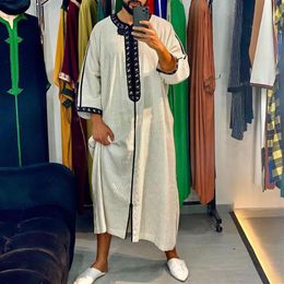 Ethnic Clothing Muslim Fashion Men Robe Dress Long Abaya Kaftan Islamic Arab 2022 Striped Print Patchwork Shirt3156