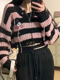 Women's Sweaters QWEEK Y2k Gothic Harajuku Stripped Crop Sweater Women Fairy Grunge Knitted Pullovers Hollow Out Mall Goth Tops Autumn 230919