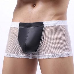 Underpants See-Through Mesh Mens Underwear Boxers Sexy Spliced Faux Leather Bulge Penis Pouch Boxershorts Erotic Gay Lingerie Male Panties