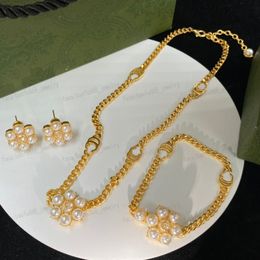 golden Bracelet Necklace earrings, Double Alphabet pearl flower elements, stylish women's set, Valentine's Day, Christmas, Gifts