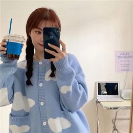 Women's Sweaters Spring Autumn Korean Version Sweet Blue Sky White Cloud Tracksuit Women's Sweaters Loose Round Neck Student Sweater Jacket 230919