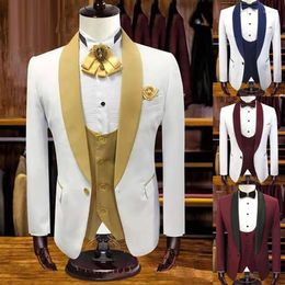 Men's Suits White Men Suit Wedding 3 Pieces Tuxedo Gold Groom Man Terno Masculino Slim Fit Jacket Pants Vest Mens With