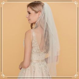 Bridal Veils V15 Short With Blusher 2 Tier Pencil Edge Wedding Veil Black Eblow Length Accessories For Bride