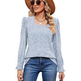 Women's T Shirt Women Ruffle Long Sleeve Stripe Matte T Shirt Tops for Autumn Square Neck Solid 230919