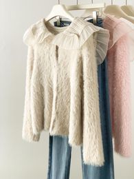 Women's Knits Faux Mink Cashmere Cardigan Women Korean Fashion Buttons Short Knitted Cardigans Coat Ladies Wild High Quality Sweater