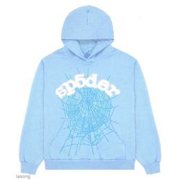 2023 Sp5der 555555 Hoodies Mens Womens Angel Number Puff Pastry Printing Graphic Spider Web Sweatshirts Streetwear Top Clothing Light Blueyk97