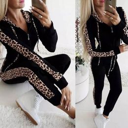 Women's Tracksuits Autumn Winter Tracksuit Women Splice Fleece Leopard Print Coat With Hood Two Pieces Set Hoodies Long Pants Suit Woman Sportswear 230919