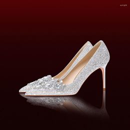 Dress Shoes Spring And Summer Pointed Shallow Mouth Sequins Water Diamond Wedding Thin High Heel Banquet Women's Single Shoe