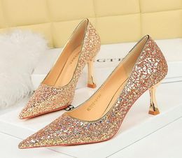 BIGTREE Fashion High Heels Women Sexy Party Shoes Bling Pointed Toe Sequined Cloth 7CM Thin Heels Sweet Dress Women Shoes Black wine glass heels