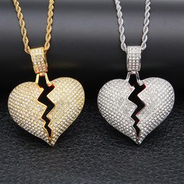 Iced out Broken Love Heart Pendant Necklaces Men's Bling Crystal rhinestone Love charm Gold Silver ed chain For women Hi2308