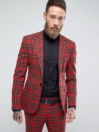 Men's Suits Red Tailored 2 Pieces Blazer Pants Peaked Lapel Plaid One Button Stripes Slim Wedding Groom Custom Made Plus Size