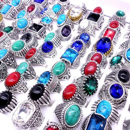 Whole 100pcs Ring Mix Styles Antique Silver Plated Stone Glass Vintage Jewelry Rings for Men Women brand new drop Part256l