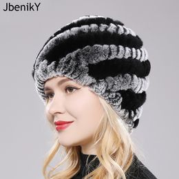 Beanie Skull Cap Winter Warm Real Rex Rabbit Fur Hat Snow Cap Hats for Girls Knit Skullies Beanies Natural Fluffy 230919