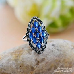 Cluster Rings Silver Jewelry Wholesale 925 Sterling Inlaid Blue Corundum Marcasite Ring By MS.