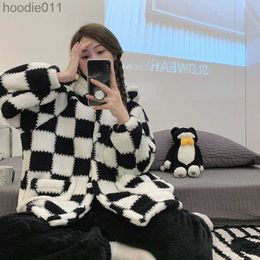 Women's Sleepwear Yasuk Winter Women Girl Casual Warm Soft Hooded Sleepwear Pyjamas With PantVelvet Fleecel Cute Thick Pocket Plaid Simple Black L230919