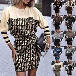 Retail Women Designer Dresses Fashion Print Waist Round Neck Long Sleeve Dress One Piece Skirt2553