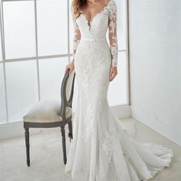 New Elegant White Mermaid Wedding Dresses Lace Appliques Sweep Train Backless Country Bridal Dresses Long Sleeves V Neck Wedding G324l