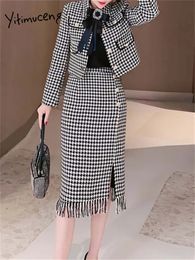 Two Piece Dress Yitimuceng Bird Lattice Two Piece Sets Womens Outifits Vintage Long Sleeve Tweed Blazers Office Ladies Midi Skirt Sets 230918