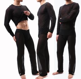 Men's Thermal Underwear Sexy Fashion Perspective Bodysuit Home Furnishing Long Sleeved Pants Set Solid Colour Nightwear Sleepwear Bottom