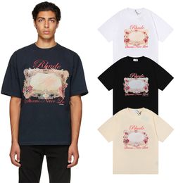 Flower Mirror Print Mens Designer t Shirts Rhude High Street Trendy Brand Graphic Tee Loose Tops Man Casual Streetwear Cotton T-shirt Oversized S-2xl