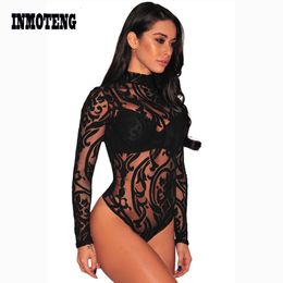 Women's Jumpsuits Rompers Black Stretchy Turtleneck Long Sleeve Sexy Lace Bodysuit Spring Autumn Mesh Bodysuit for Women Rompers Mono Mujer 230919