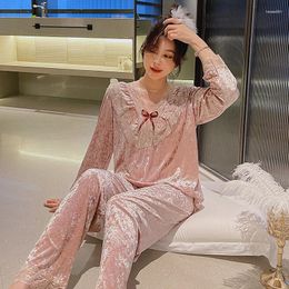 Women's Sleepwear Women Pyjamas Suit Velour Lace Long Sleeve Homewear Pyjamas Set Autumn Velvet V-Neck Nightwear Loungewear