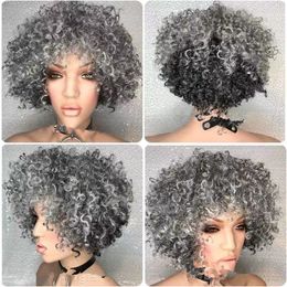 Grey Frontal wiigs Human Hair for Black Women fashion short pixie curls bob hairstyle Kinky Curly machine made none lace Glueless salt&pepper Gray wig 130% Density