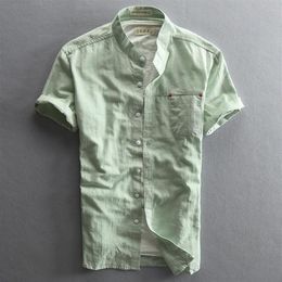 Slim Fit Mandarin Collar Short Sleeve Linen Cotton Shirt Men White Green Dark Blue Men's Casual Summer Shirts With Pocket245W