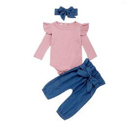 Clothing Sets Born Baby Girls Long Sleeve Solid Rib Romper Bow Pants Headbands Outfits Set