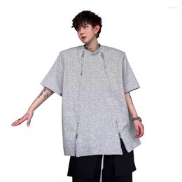 Men's T Shirts 2023 Summer Men Streetwear Fashion Hip Hop Shoulder Pad Zipper Short Sleeve T-shirt Male Loose Casual Tees