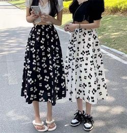Skirts 2023 Summer Floral Print Chiffon Skirt Women Korean Elastic High Waist Midi Femme Casual Loose A-Line