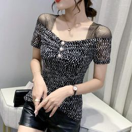 Women's T Shirts Mesh Stitching T-shirt Sexy V-neck Short-sleeved Summer Clothes Heavy-duty -drilling Top Foreign Style Thin Shirt