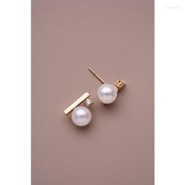 Stud Earrings S925 Silver Plated Balancing Wood Ear Nails Female Inlaid Zircon Simple Temperament All-match Pearl