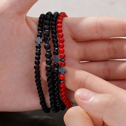 Strand Natural Stone Bracelets Hematite Cross Couple Bracelet Vintage Balck Red Beads Elastic Rope Fashion Jewellery Gifts